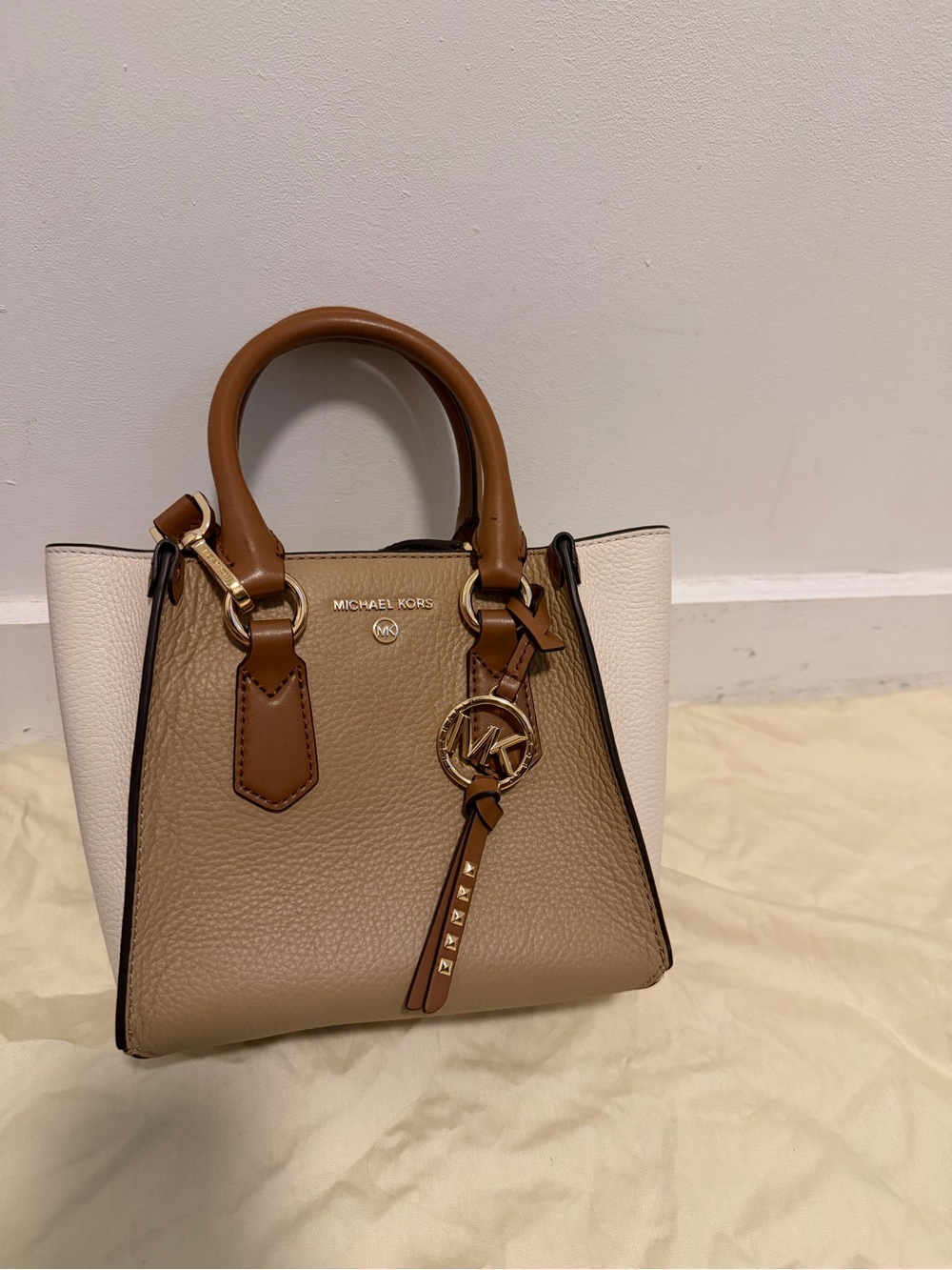 Michael Kors Kris Small Leather Handbag, Tan and Cream Colorblock Leather